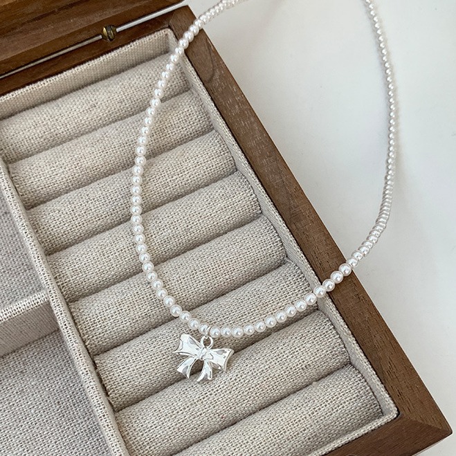 S925 Silver Round Bright Pearl Bow Necklace